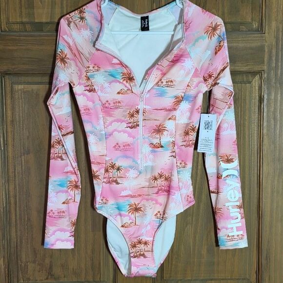 Hurley Other - Hurley Long Sleeve Zip Front One Piece Swimsuit Medium Floral NWT Surfer Beachy